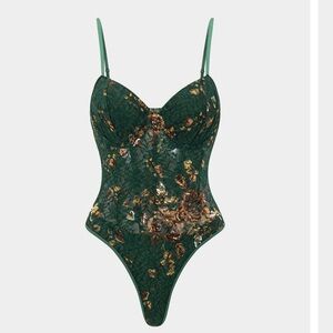 Lace Floral Bustier Corset Bodysuit in Dark Green